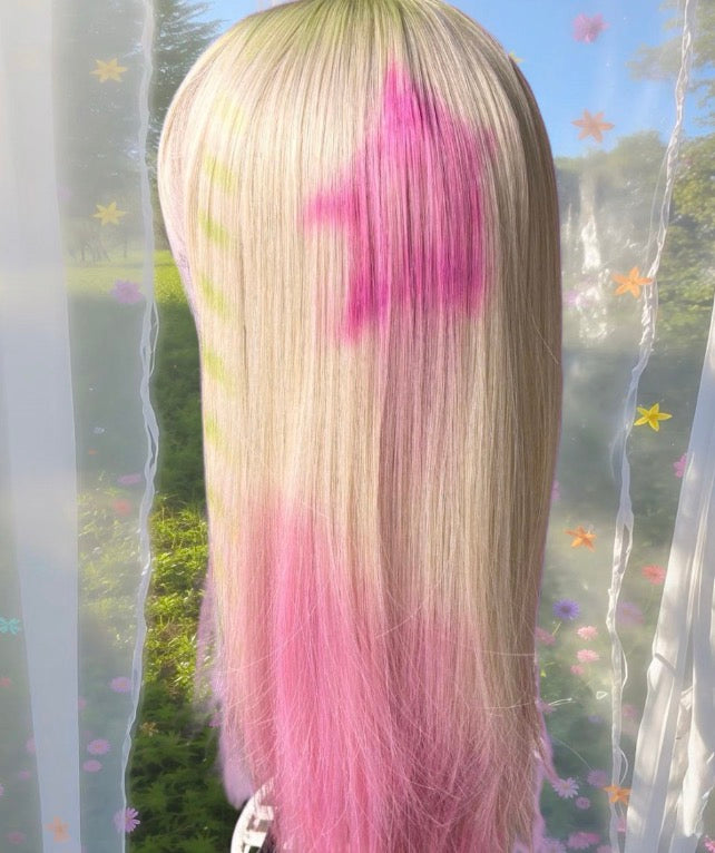 A. Pink and green star wig