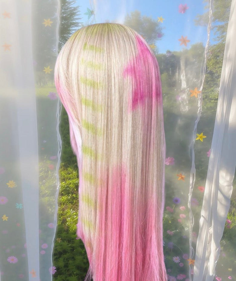 A. Pink and green star wig