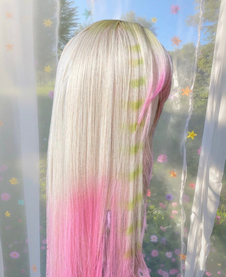 A. Pink and green star wig
