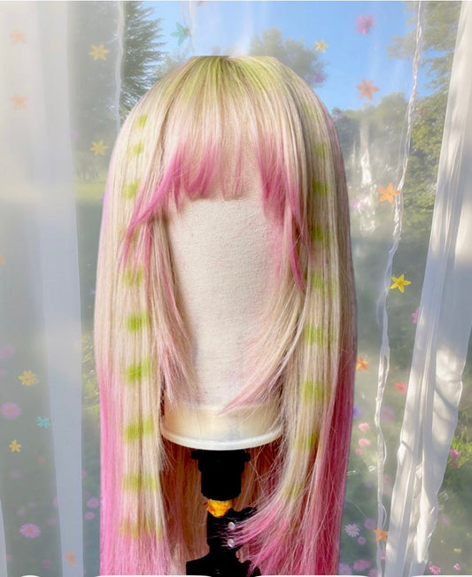 A. Pink and green star wig